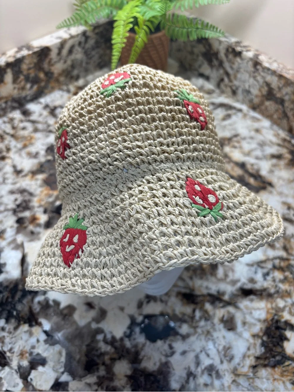 🍓 Straw Knit Bucket Hat with Red Strawberry Embroidery 🍓
